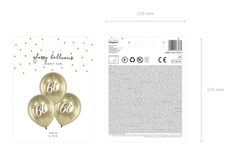 Balony Glossy 30cm "60" złoty 6szt CHB14-1-60-019-6 PartyDeco